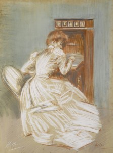 Madame Helleu à son secrétaire par Paul César Helleu (1859-1927), sanguine, crayon noir et blanc (vente Sotheby's New York,7 mai 2015, lot n°34)