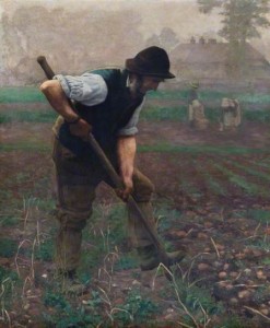 Thomas Frederick Mason Sheard (1866-1921), Un homme récoltant des pommes de terre (A Man Digging Potatoes),1890 huile sur toile, 139.5 x 109 cm, Oxford City Council